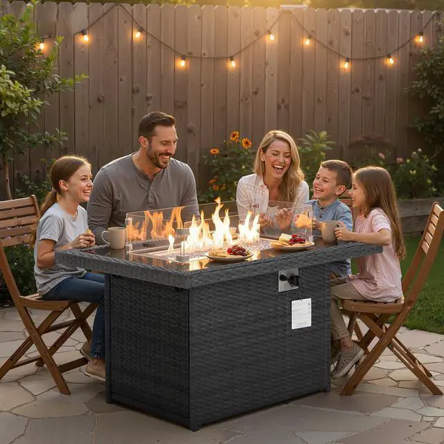Alt view image 2 of 6 - Wicker Propane Fire Pit Table, 60000 BTU Large Natural Gas Firepit Tables, 43'' Rectangle CSA Fireplaces for Deck Backyard, Fire Table with Windguard&Glass Rocks&Cover, Gray