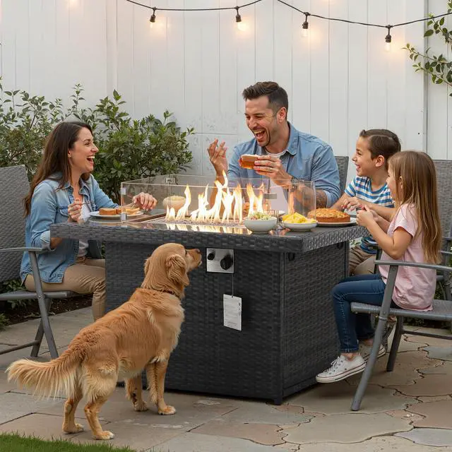 Alt view image 3 of 6 - Wicker Propane Fire Pit Table, 60000 BTU Large Natural Gas Firepit Tables, 43'' Rectangle CSA Fireplaces for Deck Backyard, Fire Table with Windguard&Glass Rocks&Cover, Gray
