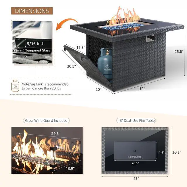 Alt view image 4 of 6 - Wicker Propane Fire Pit Table, 60000 BTU Large Natural Gas Firepit Tables, 43'' Rectangle CSA Fireplaces for Deck Backyard, Fire Table with Windguard&Glass Rocks&Cover, Gray