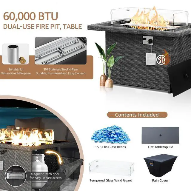 Alt view image 5 of 6 - Wicker Propane Fire Pit Table, 60000 BTU Large Natural Gas Firepit Tables, 43'' Rectangle CSA Fireplaces for Deck Backyard, Fire Table with Windguard&Glass Rocks&Cover, Gray
