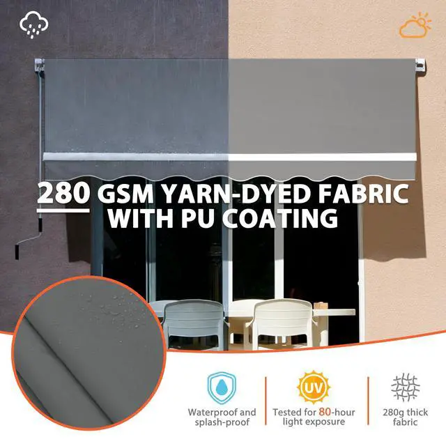 Alt view image 2 of 6 - 12'x10' Retractable Patio Awning Sun Shade Cover, Outdoor Shelter for Deck with Manual Crank, 120in Projection, Grey