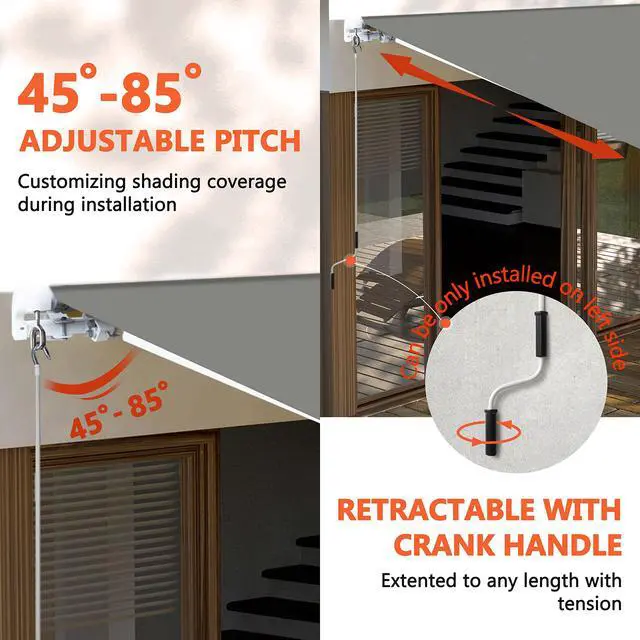 Alt view image 4 of 6 - 12'x10' Retractable Patio Awning Sun Shade Cover, Outdoor Shelter for Deck with Manual Crank, 120in Projection, Grey