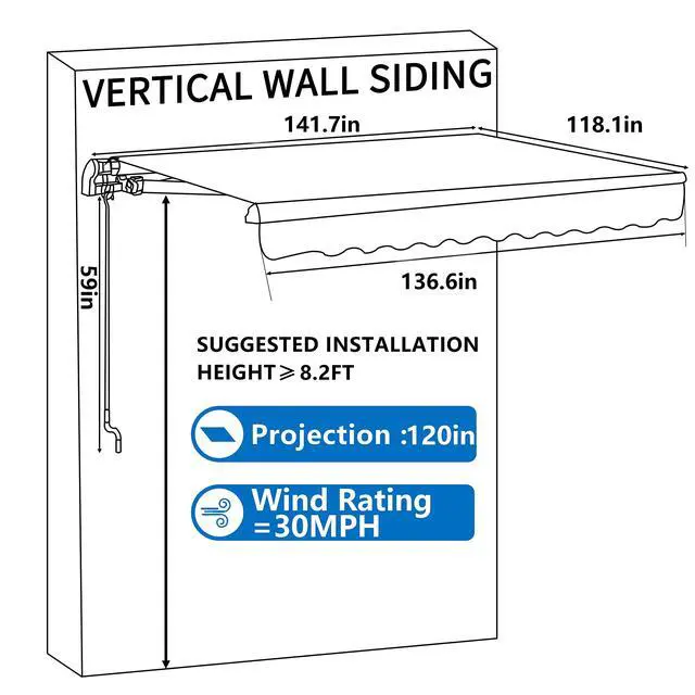 Alt view image 6 of 6 - 12'x10' Retractable Patio Awning Sun Shade Cover, Outdoor Shelter for Deck with Manual Crank, 120in Projection, Grey