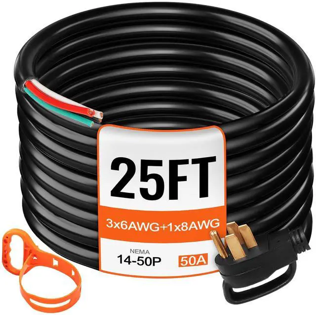 Main image of 25 FT 50 Amp Generator Extension Cord 6/3+8/1 AWG STW 50A RV Power Cord NEMA 14-50P to Bare Wire Cut Cord for Manual Transfer Switch Home Backup Camper Trailer Temporary Power ETL Certified