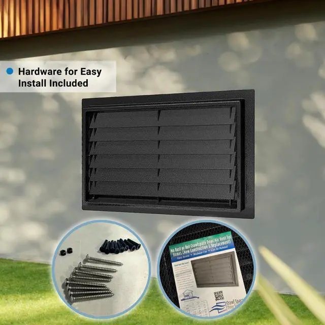 Alt view image 4 of 6 - Louvered Crawl Space Access Door 12" H × 32" W UV-Stabilized ABS Plastic, Metal Mesh Screen, Surface Mount | (Black)