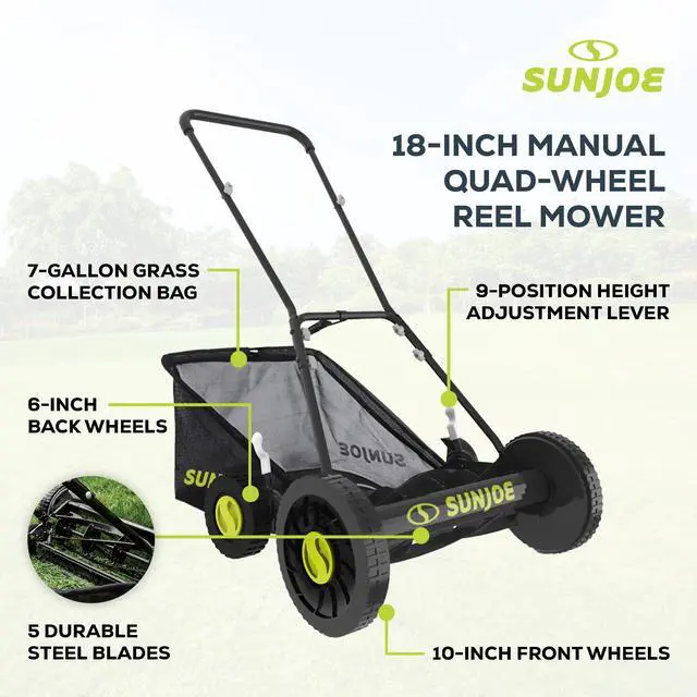 Alt view image 3 of 6 - MJ501M w/ 7-Gallon Detachable Grass Catcher, 9-Position Height Adjustment, 5 Steel Blades, Compact Design, 18-Inch Manual, Green/Black