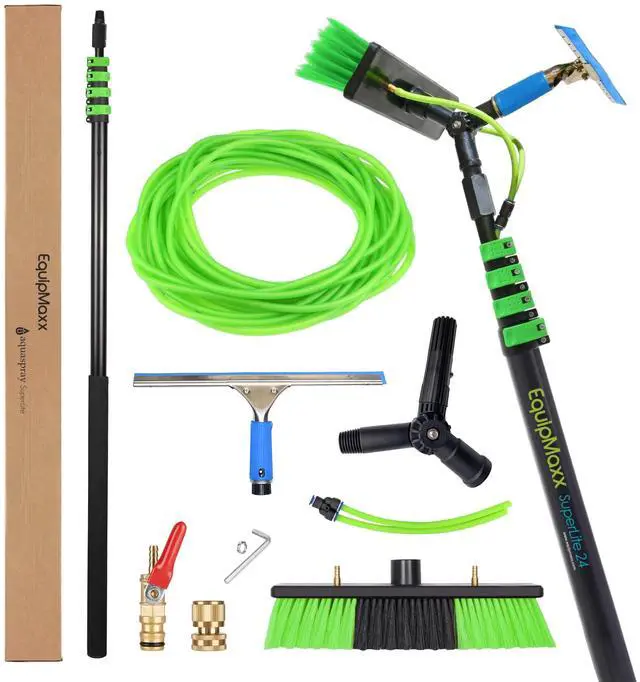 Main image of 24 Feet Reach Solar Panel Cleaning Brush & Pole Kit Window Cleaner Solar Panel Cleaning System Washing Tool Professional Solution: Scrubber Brush & Spray Washer Water Fed Pole w/Squeegee