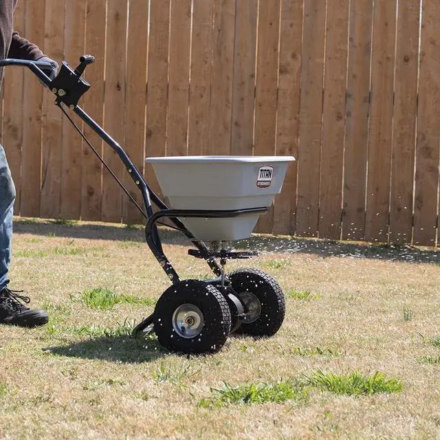 Alt view image 2 of 6 - 70 LB Professional Fertilizer Push Broadcast Spreader, Spreads 10 to 12 FT, Lawn Care and Ice Melter, Yard Tool