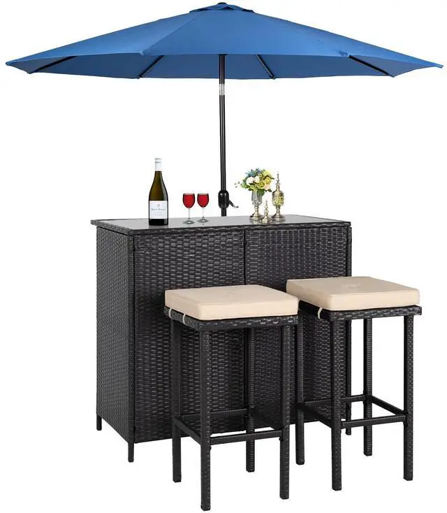 Main image of 3-Piece Wicker Outdoor Furniture Bar Set, 2 Stools and 1 Glass Top Table, Large-Capacity Storage Space Brown Wicker Patio Bar Table with 9Ft Blue Round Patio Umbrella