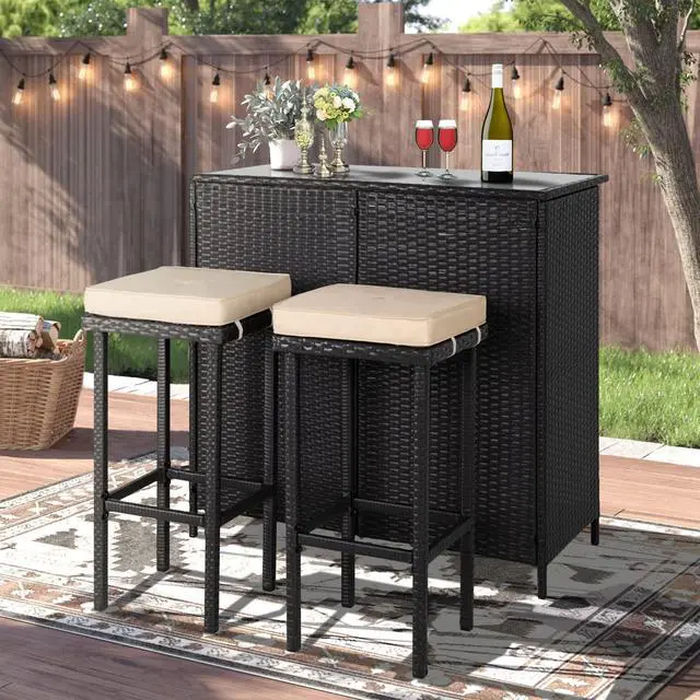 Alt view image 2 of 6 - 3-Piece Wicker Outdoor Furniture Bar Set, 2 Stools and 1 Glass Top Table, Large-Capacity Storage Space Brown Wicker Patio Bar Table with 9Ft Blue Round Patio Umbrella