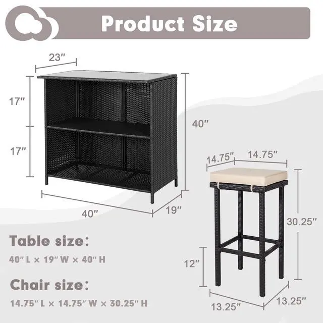 Alt view image 6 of 6 - 3-Piece Wicker Outdoor Furniture Bar Set, 2 Stools and 1 Glass Top Table, Large-Capacity Storage Space Brown Wicker Patio Bar Table with 9Ft Blue Round Patio Umbrella