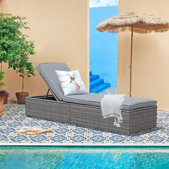Main image of Outdoor Patio Chaise Lounge Chair, Elegant Reclining Adjustable Pool Rattan Chaise Lounge Chair with Cushion, Grey PE Wicker, Steel Frame, for Deck, Poolside, Backyard (Light Grey)