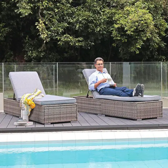 Alt view image 2 of 6 - Outdoor Patio Chaise Lounge Chair, Elegant Reclining Adjustable Pool Rattan Chaise Lounge Chair with Cushion, Grey PE Wicker, Steel Frame, for Deck, Poolside, Backyard (Light Grey)