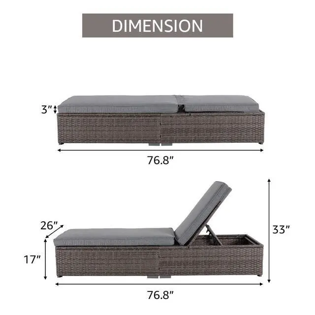 Alt view image 4 of 6 - Outdoor Patio Chaise Lounge Chair, Elegant Reclining Adjustable Pool Rattan Chaise Lounge Chair with Cushion, Grey PE Wicker, Steel Frame, for Deck, Poolside, Backyard (Light Grey)