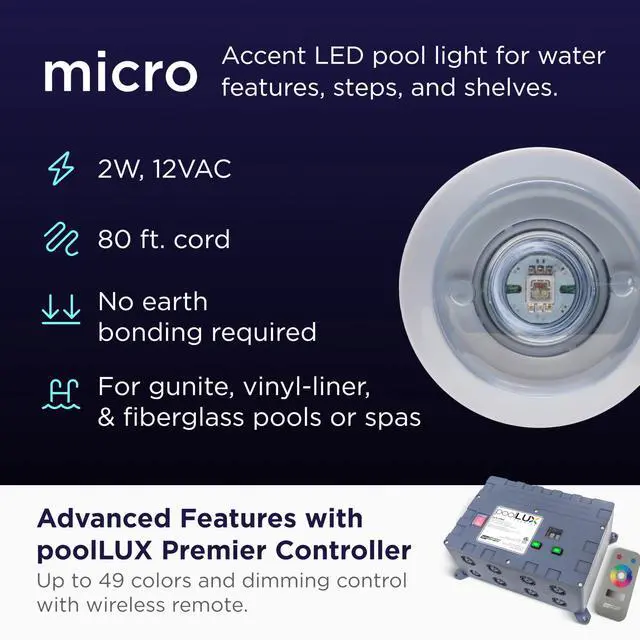 Alt view image 4 of 6 - S.R.Smith Treo Micro LED Pool Light 12 Volt White or Color Changing Underwater Lighting for Inground Pools and Spas Compatible with PoolLUX Light Control