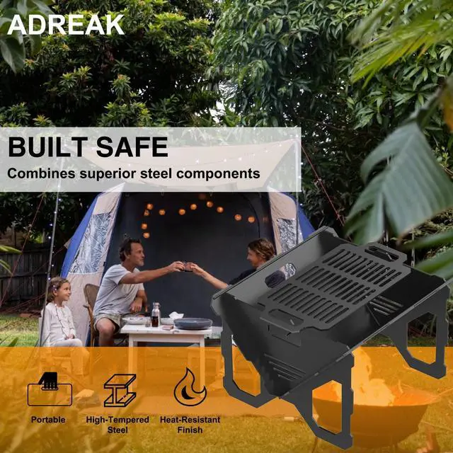 Alt view image 4 of 6 - 20 inch Fire Pit, Outdoor Portable Firepit with BBQ Tray, Detachable Camping Steel Fire Pits for Backyard, Patio, Picnic, Bonfire, Garden (Black-Large)