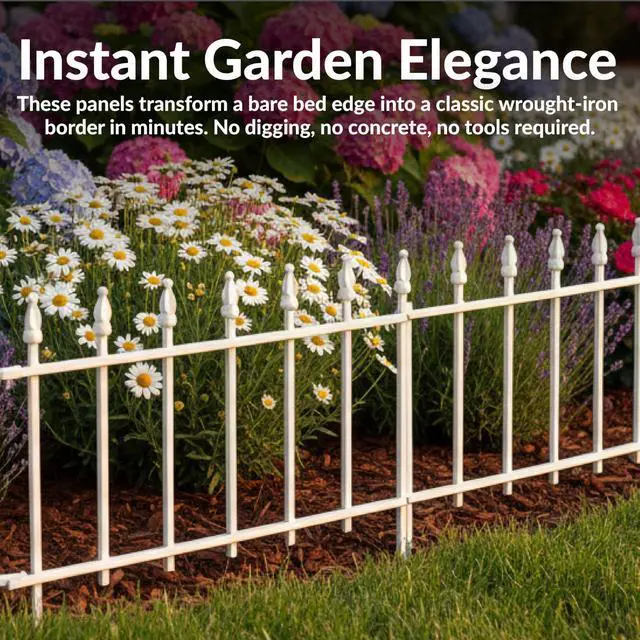 Alt view image 2 of 6 - ative Garden Fence Border - 22 in W x 18 in H No Dig Metal Edging for Flower Beds, Yard, Lawn, Pathways and Landscaping - Roman Finial Design - 36ft - 20 Panels - White