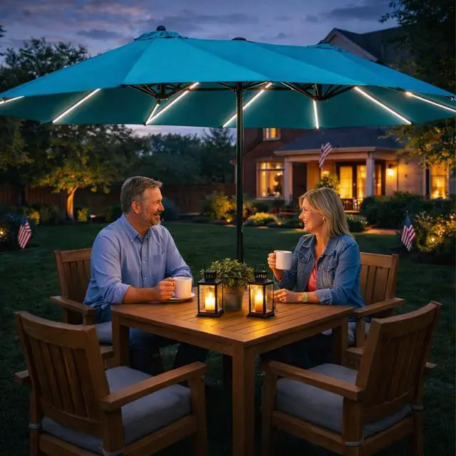 Alt view image 2 of 6 - 15 FT Rectangular Double-Sided Patio Umbrella with Solar Lights, Outdoor Patio Umbrella with Crank Lift, Base Included, UV-Resistant for Pool, Backyard & Garden Blue
