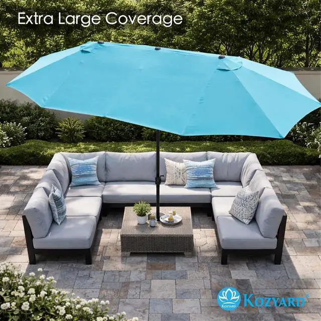 Alt view image 4 of 6 - 15 FT Rectangular Double-Sided Patio Umbrella with Solar Lights, Outdoor Patio Umbrella with Crank Lift, Base Included, UV-Resistant for Pool, Backyard & Garden Blue