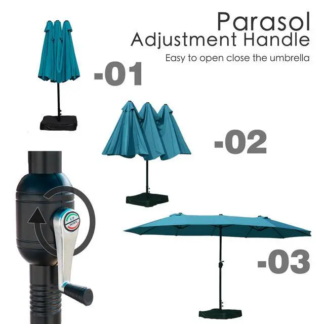 Alt view image 5 of 6 - 15 FT Rectangular Double-Sided Patio Umbrella with Solar Lights, Outdoor Patio Umbrella with Crank Lift, Base Included, UV-Resistant for Pool, Backyard & Garden Blue