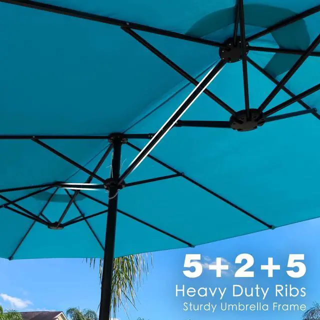 Alt view image 6 of 6 - 15 FT Rectangular Double-Sided Patio Umbrella with Solar Lights, Outdoor Patio Umbrella with Crank Lift, Base Included, UV-Resistant for Pool, Backyard & Garden Blue