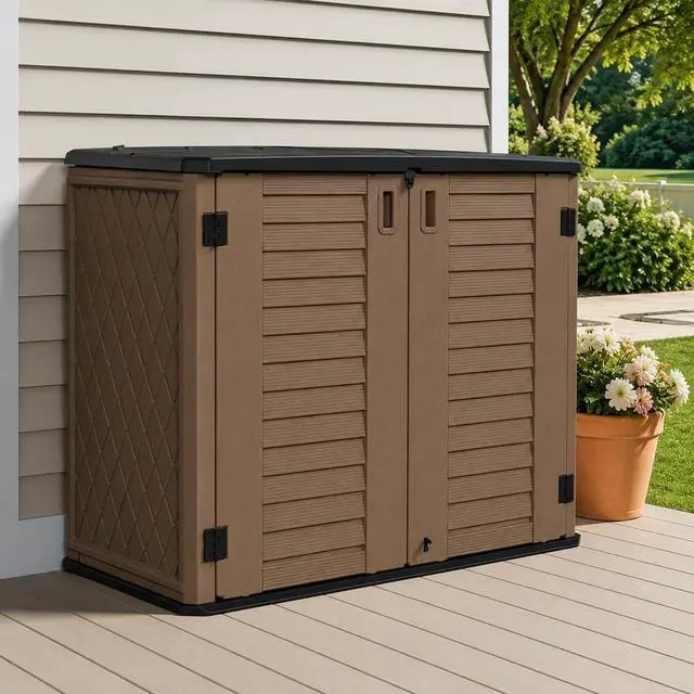 Alt view image 2 of 6 - 26 Cu.Ft Outdoor Storage Shed with Floor,Large Waterproof Resin Storage Cabinet with Lift-Up Lid,Double Doors and Lockable Design for Lawn Mower,Garden Tools, Patio,Backyard and Pool Supplies