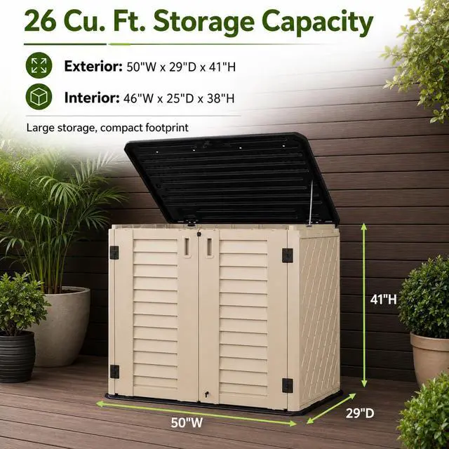 Alt view image 3 of 6 - 26 Cu.Ft Outdoor Storage Shed with Floor,Large Waterproof Resin Storage Cabinet with Lift-Up Lid,Double Doors and Lockable Design for Lawn Mower,Garden Tools, Patio,Backyard and Pool Supplies