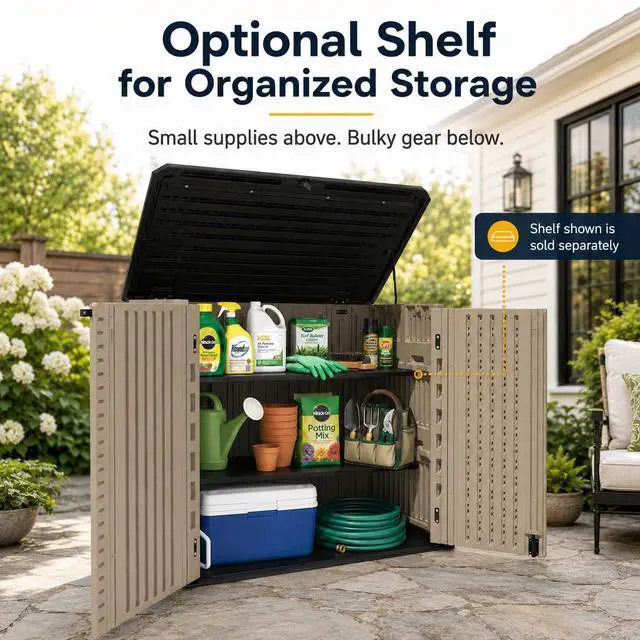 Alt view image 4 of 6 - 26 Cu.Ft Outdoor Storage Shed with Floor,Large Waterproof Resin Storage Cabinet with Lift-Up Lid,Double Doors and Lockable Design for Lawn Mower,Garden Tools, Patio,Backyard and Pool Supplies