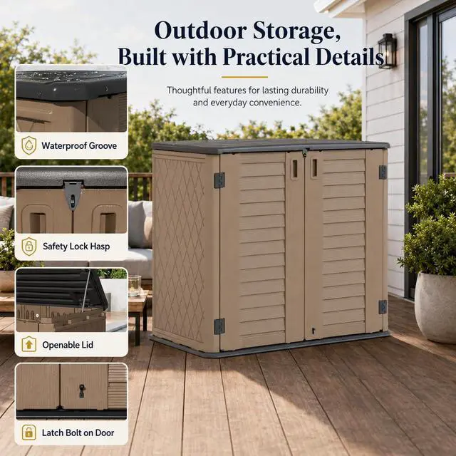 Alt view image 5 of 6 - 26 Cu.Ft Outdoor Storage Shed with Floor,Large Waterproof Resin Storage Cabinet with Lift-Up Lid,Double Doors and Lockable Design for Lawn Mower,Garden Tools, Patio,Backyard and Pool Supplies