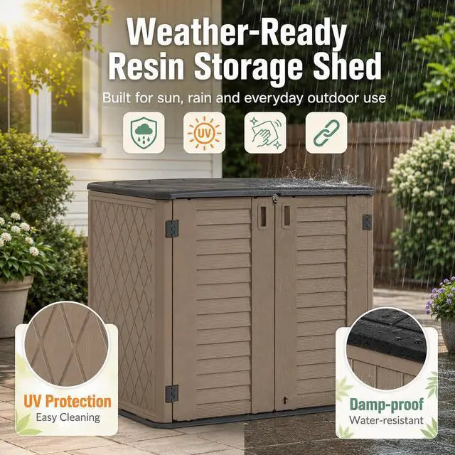 Alt view image 6 of 6 - 26 Cu.Ft Outdoor Storage Shed with Floor,Large Waterproof Resin Storage Cabinet with Lift-Up Lid,Double Doors and Lockable Design for Lawn Mower,Garden Tools, Patio,Backyard and Pool Supplies