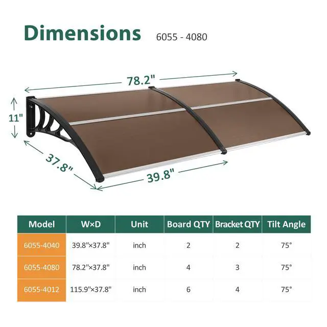 Alt view image 4 of 6 - 78.2 inch Window Awning Outdoor Polycarbonate Hollow Sheet Door Patio Canopy (40''x80'', Dark Brown Panels with Black Bracket)