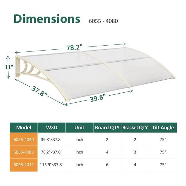 Alt view image 4 of 6 - 78.2 inch Window Awning Outdoor Polycarbonate Hollow Sheet Door Patio Canopy (40''x80'', White Panels with White Bracket)
