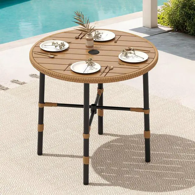Main image of Outdoor Patio Dining Table Round for 4 with 2.2" Umbrella Hole&Adjustable Levelers 35.4" Bistro Table with Metal Frame All-Weather Outdoor Tables for Lawn Backyard Garden