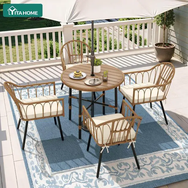 Alt view image 2 of 6 - Outdoor Patio Dining Table Round for 4 with 2.2" Umbrella Hole&Adjustable Levelers 35.4" Bistro Table with Metal Frame All-Weather Outdoor Tables for Lawn Backyard Garden