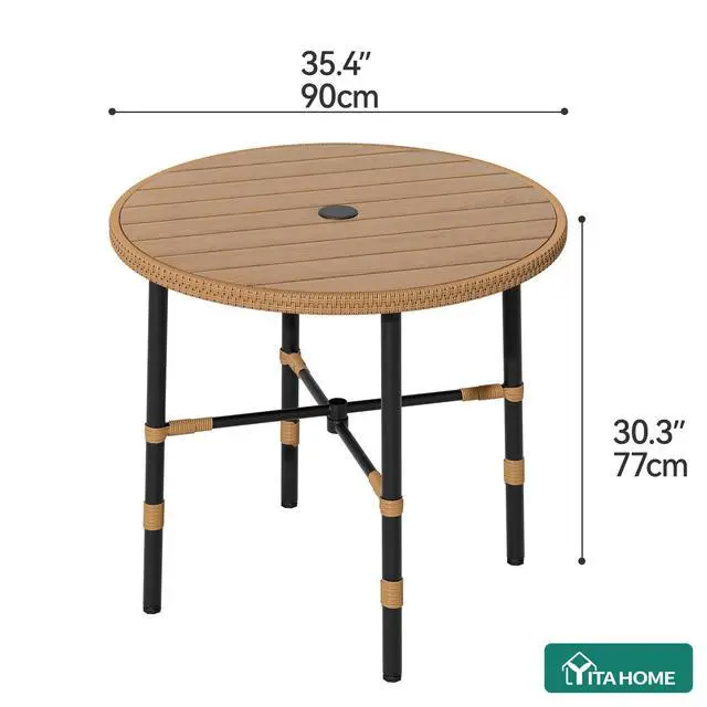 Alt view image 3 of 6 - Outdoor Patio Dining Table Round for 4 with 2.2" Umbrella Hole&Adjustable Levelers 35.4" Bistro Table with Metal Frame All-Weather Outdoor Tables for Lawn Backyard Garden
