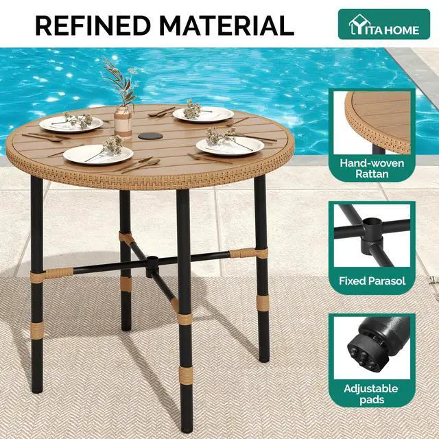 Alt view image 4 of 6 - Outdoor Patio Dining Table Round for 4 with 2.2" Umbrella Hole&Adjustable Levelers 35.4" Bistro Table with Metal Frame All-Weather Outdoor Tables for Lawn Backyard Garden
