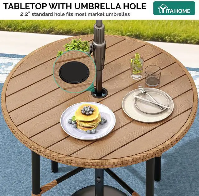 Alt view image 5 of 6 - Outdoor Patio Dining Table Round for 4 with 2.2" Umbrella Hole&Adjustable Levelers 35.4" Bistro Table with Metal Frame All-Weather Outdoor Tables for Lawn Backyard Garden