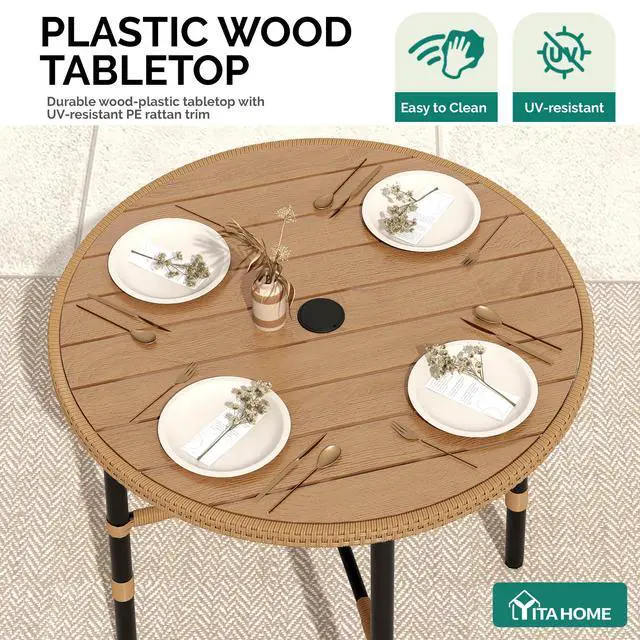 Alt view image 6 of 6 - Outdoor Patio Dining Table Round for 4 with 2.2" Umbrella Hole&Adjustable Levelers 35.4" Bistro Table with Metal Frame All-Weather Outdoor Tables for Lawn Backyard Garden