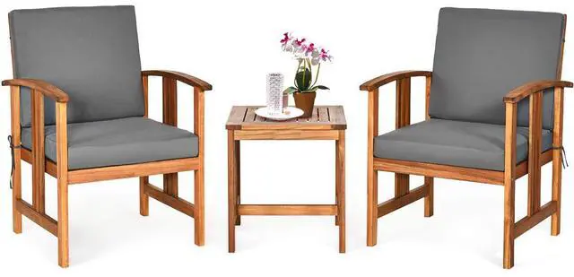 Main image of 3 Pieces Patio Furniture Set, Includes Set of 2 Outdoor Acacia Wood Cushioned Chairs and Coffee Table, for Garden, Backyard, Poolside, Bistro and Deck, Patio Conversation Chat Set (Gray)
