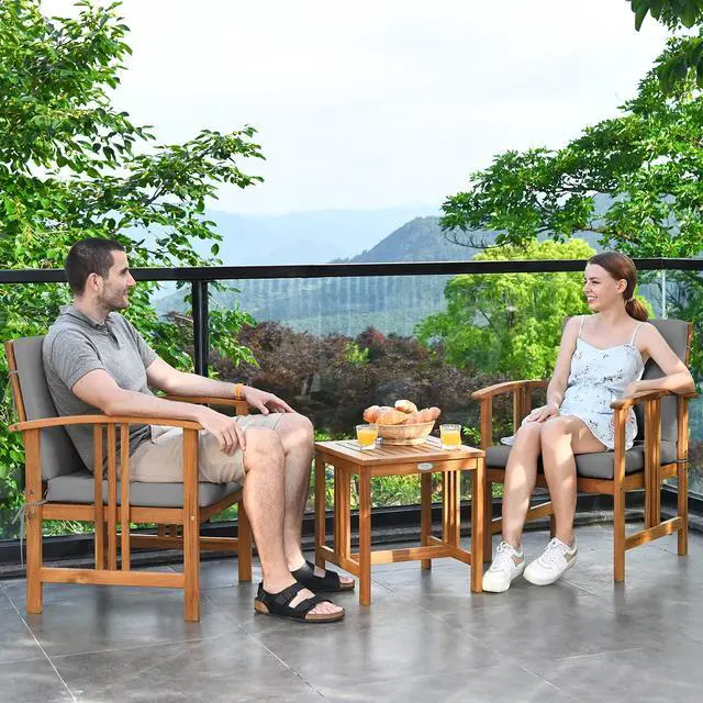 Alt view image 2 of 6 - 3 Pieces Patio Furniture Set, Includes Set of 2 Outdoor Acacia Wood Cushioned Chairs and Coffee Table, for Garden, Backyard, Poolside, Bistro and Deck, Patio Conversation Chat Set (Gray)