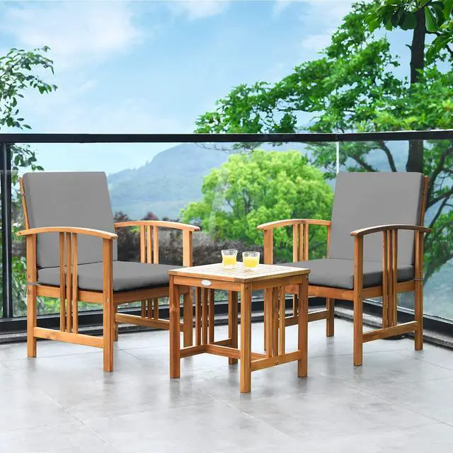 Alt view image 3 of 6 - 3 Pieces Patio Furniture Set, Includes Set of 2 Outdoor Acacia Wood Cushioned Chairs and Coffee Table, for Garden, Backyard, Poolside, Bistro and Deck, Patio Conversation Chat Set (Gray)