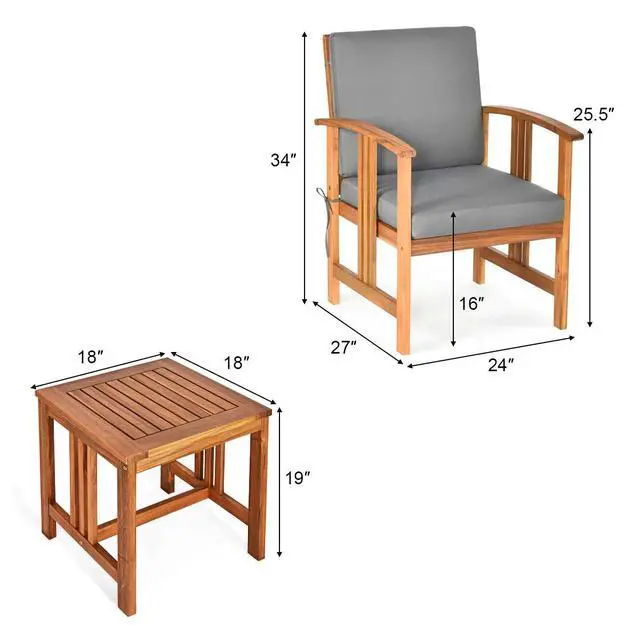 Alt view image 4 of 6 - 3 Pieces Patio Furniture Set, Includes Set of 2 Outdoor Acacia Wood Cushioned Chairs and Coffee Table, for Garden, Backyard, Poolside, Bistro and Deck, Patio Conversation Chat Set (Gray)