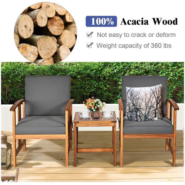 Alt view image 5 of 6 - 3 Pieces Patio Furniture Set, Includes Set of 2 Outdoor Acacia Wood Cushioned Chairs and Coffee Table, for Garden, Backyard, Poolside, Bistro and Deck, Patio Conversation Chat Set (Gray)