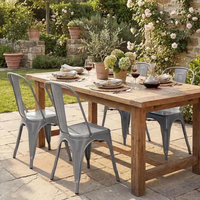 Alt view image 2 of 6 - Metal Dining Chair Stackable Indoor Outdoor Industrial Vintage Chairs Bistro Kitchen Cafe Side Chairs with Back Set of 4 (Gray)