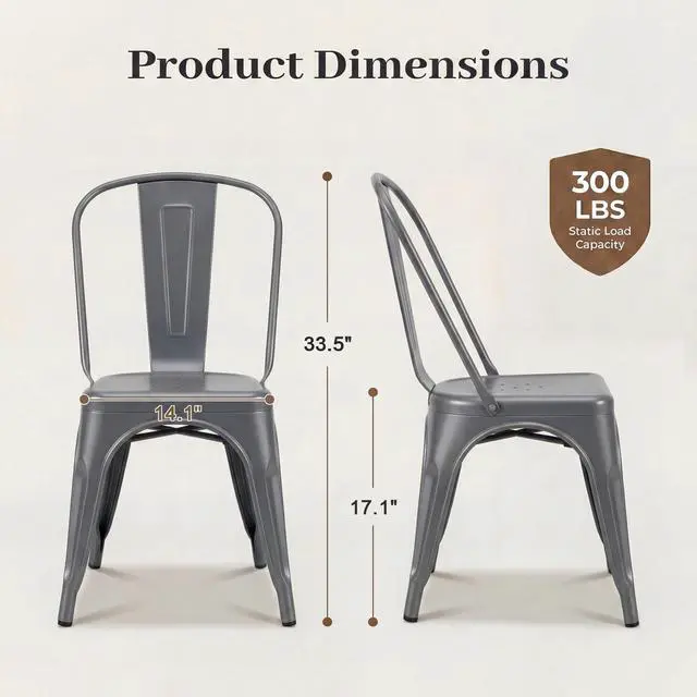 Alt view image 3 of 6 - Metal Dining Chair Stackable Indoor Outdoor Industrial Vintage Chairs Bistro Kitchen Cafe Side Chairs with Back Set of 4 (Gray)