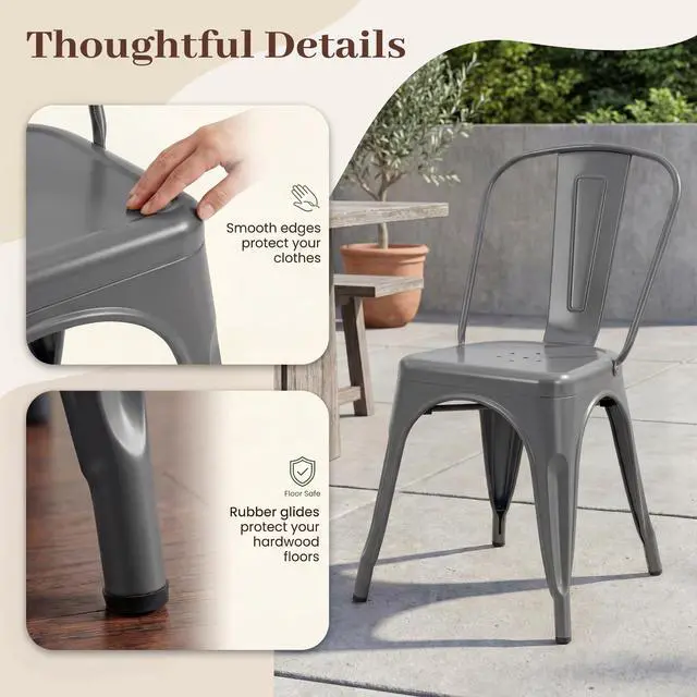 Alt view image 4 of 6 - Metal Dining Chair Stackable Indoor Outdoor Industrial Vintage Chairs Bistro Kitchen Cafe Side Chairs with Back Set of 4 (Gray)