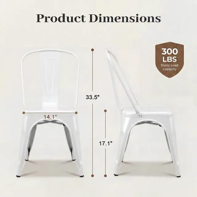 Alt view image 3 of 6 - Metal Dining Chair Stackable Indoor Outdoor Industrial Vintage Chairs Bistro Kitchen Cafe Side Chairs with Back Set of 4 (White)
