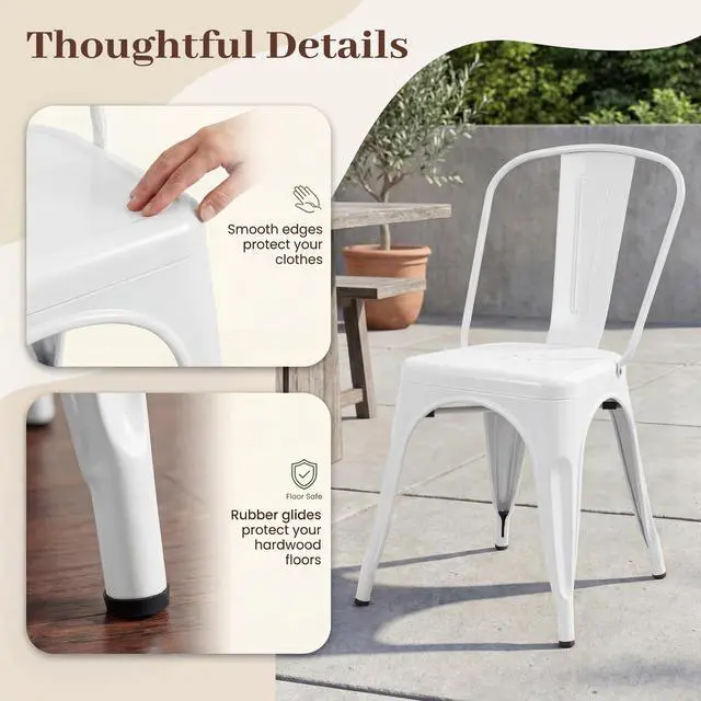 Alt view image 4 of 6 - Metal Dining Chair Stackable Indoor Outdoor Industrial Vintage Chairs Bistro Kitchen Cafe Side Chairs with Back Set of 4 (White)