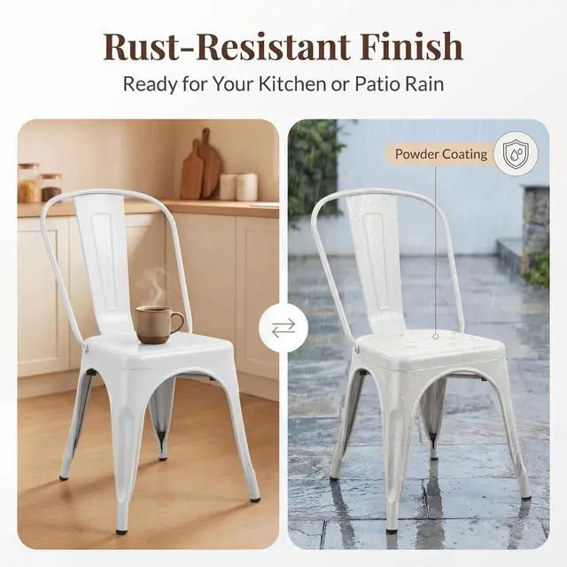 Alt view image 6 of 6 - Metal Dining Chair Stackable Indoor Outdoor Industrial Vintage Chairs Bistro Kitchen Cafe Side Chairs with Back Set of 4 (White)