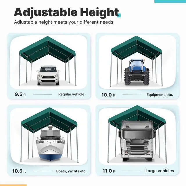 Alt view image 2 of 6 - Adjustable 10x15 ft Heavy Duty Carport Car Canopy Garage Boat Shelter Party Tent, Adjustable Height from 9.5 ft to 11 ft, Green